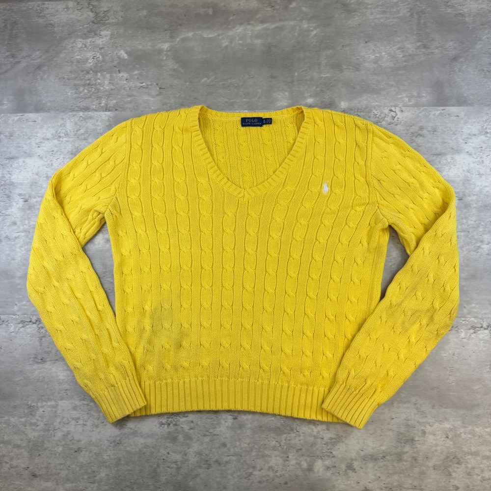 Polo Ralph Lauren Yellow Cable Knit V-Neck Sweater Mens XL Cotton Pony Logo